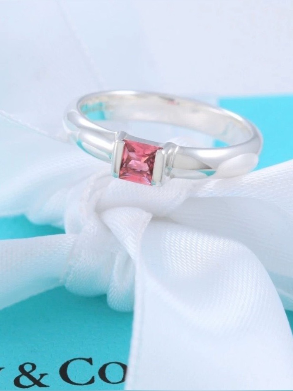 Rare 2004 Tiffany & Co Pink Tourmaline Princess Cut Ring Sterling Silver Sz 5